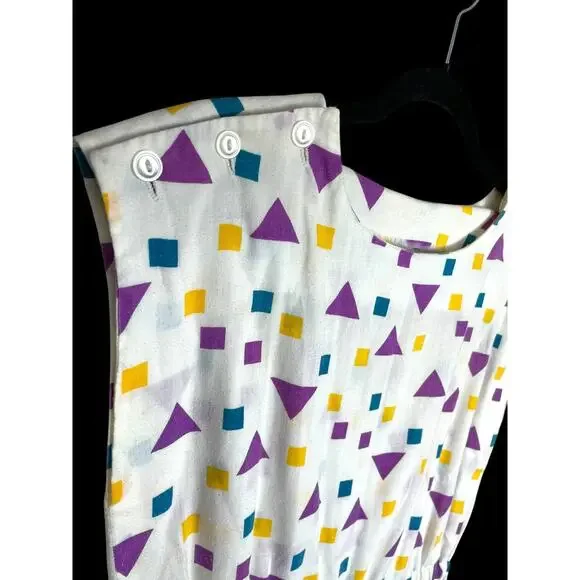 Vintage 80s Lightweight White Geometric Multicolor Cotton Handmade Romper Shorts - Picture 3 of 4